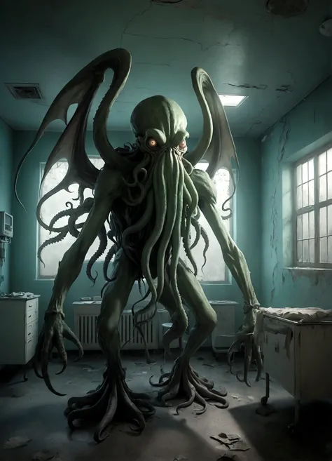 A Cthulhu creature standing in a dilapidated hospital ward，cobweb，Twisted metal bed，Peeling paint，Broken windows，Moonlight through，Shadows Lurk，Chiaroscuro lighting，Pastel color palette，（Best quality，4k，8k，masterpiece：1.2），Ultra Detail，fear，Gothic