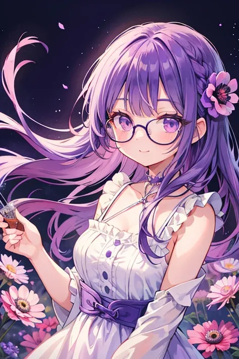 anime, watercolor medium, cute girl, has a single purple flower, Anemone, sweet, Pretty, purple hair, long hair, Braid, long eyelashes, glasses, smile, purple flower, Anemone back ground, pouring light, dress, front view, upper body, dutch angle shot