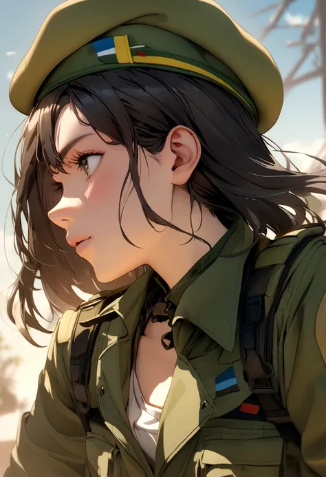 teenager in Brazilian army clothes and beret looking forward 