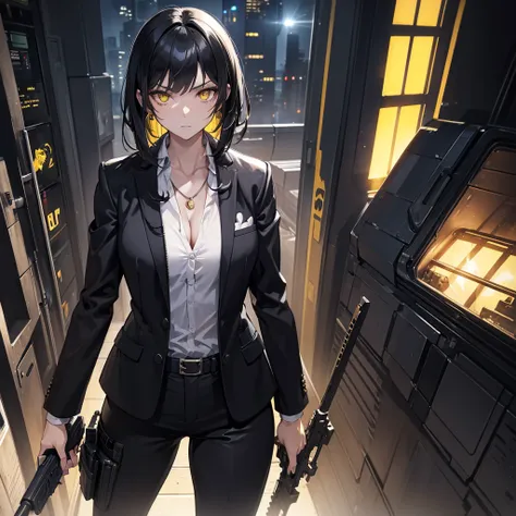 A spy sexy girl, Dark spy suit, yellow eyes, black hair style, weapon hi-tech case in her hand, gun in her hand, wearing necklace, wearing rings, spaceship in background.