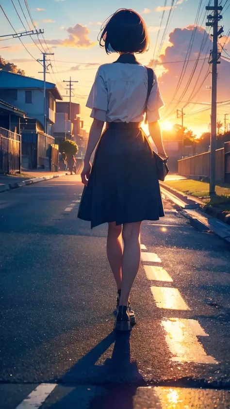 girl walking with short bob hair,View from behind,A shining sunset,sunset,The road that continues far away