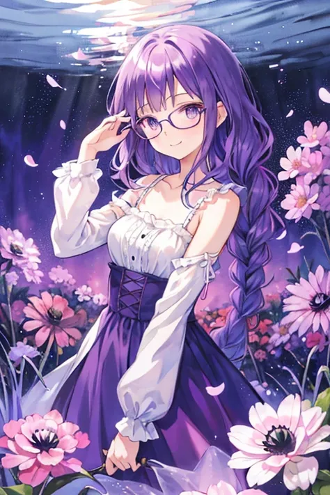 anime, watercolor medium, cute girl, has a single purple flower, Anemone, sweet, Pretty, purple hair, long hair, Braid, long eyelashes, glasses, smile, purple flower, Anemone back ground, pouring light, dress, front view, upper body, dutch angle shot