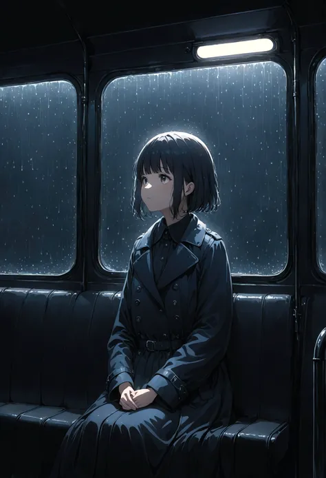 ((masterpiece), Absurd quality, 16k, 1 girl with short hair, Wearing a dark blue coat, Shes long, Dimly lit subway. The perspective camera captures the entire vehicle. In the carriage, At the very back, In a dark corner not well lit by the flashing lights,...