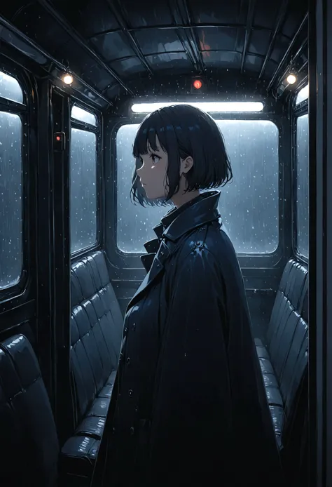 ((masterpiece), Absurd quality, 16k, 1 girl with short hair, Wearing a dark blue coat, Shes long, Dimly lit subway. The perspective camera captures the entire vehicle. In the carriage, At the very back, In a dark corner not well lit by the flashing lights,...