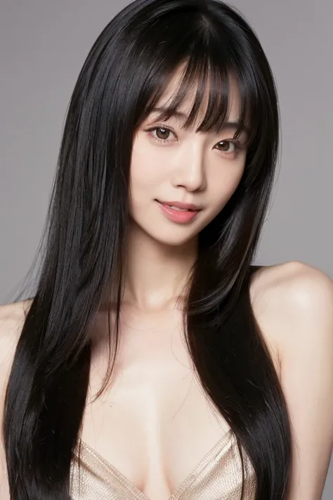 1girl,solo,smile,happy:1,long straight hair,straight bangs,look at viewers,brown eyes,looking at viewer,in studio,pure grey background,detailed skin,detailed face,studio light,parted lips,lips,bare shoulders,(black hair),(close up),messy hair,