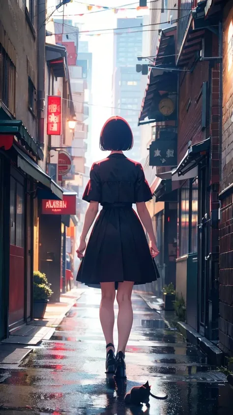 girl walking with short bob hair,View from behind,black cat walking together,Red, white and black clothes