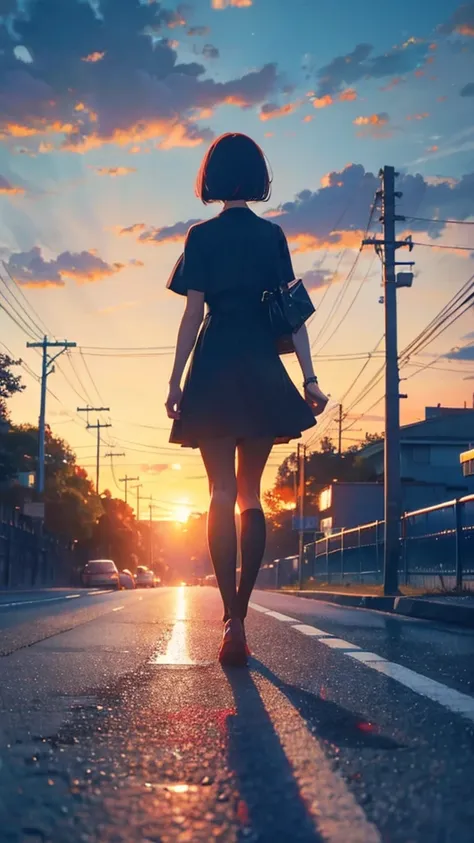 girl walking with short bob hair,View from behind,A shining sunset,sunset,The road that continues far away,Red, white and black clothes,black cat walking together