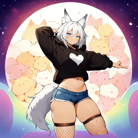 a cute adult male with wolf ears, white hair, has a wolf tail, wearing a loose cropped oversized black hoodie, wearing a pair of denim short shorts and fishnet stockings, thick thighs, wide hips, relaxing on mound of fluffy multi colored kawaii plushies, s...