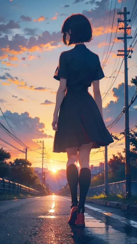 girl walking with short bob hair,View from behind,A shining sunset,sunset,The road that continues far away,Red, white and black clothes,Rear view of a black cat