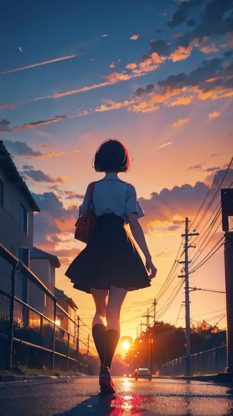 girl walking with short bob hair,View from behind,A shining sunset,sunset,The road that continues far away,Red, white and black clothes,Rear view of a black cat