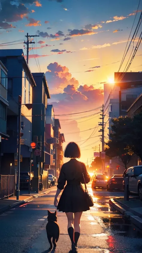 girl walking with short bob hair,View from behind,A shining sunset,sunset,The road that continues far away,Red, white and black clothes,With black cat