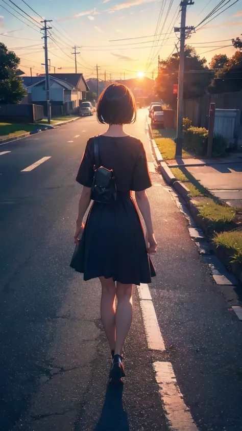 girl walking with short bob hair,View from behind,A shining sunset,sunset,The road that continues far away,Red, white and black clothes,With black cat