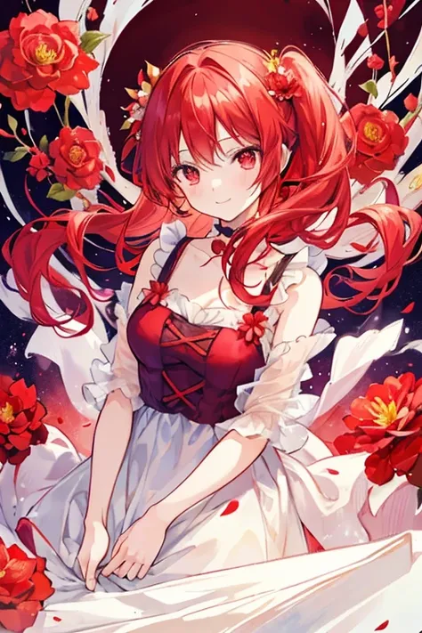 anime, watercolor medium, cute girl, sweet, Pretty, red hair, red eyes, two ponytails, long eyelashes, smile, Camellia flower, Red flower, has a single red flower, Camellia flower background, pouring light, dress, front view, upper body, dutch angle shot