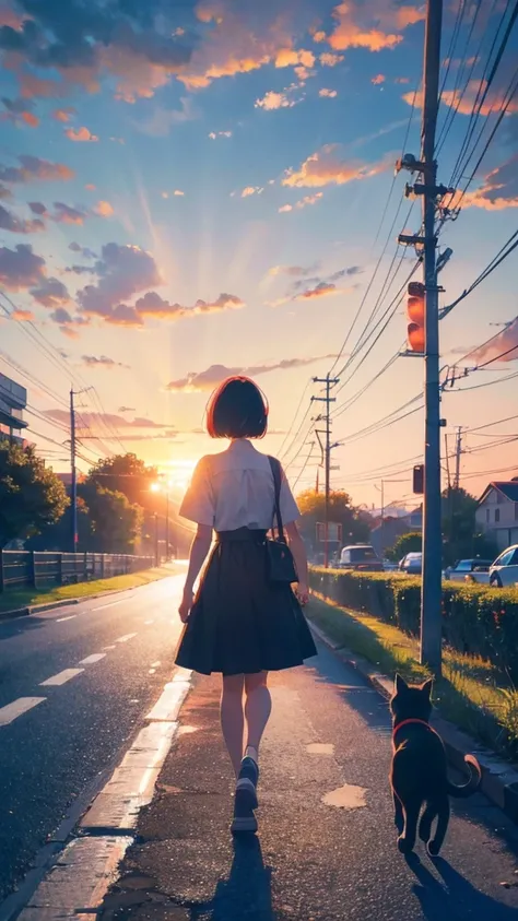 girl walking with short bob hair,View from behind,A shining sunset,sunset,The road that continues far away,White and red clothes,With black cat