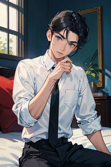 
(((chico, boy))), ((black hair)), ((blue eyes)), ((sideway hairstyle)), ((white shirt with tie)), ((sitting on a bed))