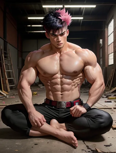 Muscular man, defined body, developed body, kung fu fighter, red blouse with buttons, long black pants of black color, black belt at the waist, spiky hair, short hair of black color (hair with pink locks at the ends), wrestlers shoes, look of tiredness, si...