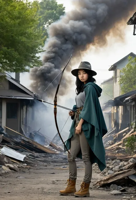 A girl draws and shoots an arrow, seventeen years old, asian Caucasian mix, black hair, blue eyes, brimmed tan hat, gray cloak hangs down her back to the back of her knees and tied around her neck, dark green tee shirt, long light gray tactical pants tuck ...