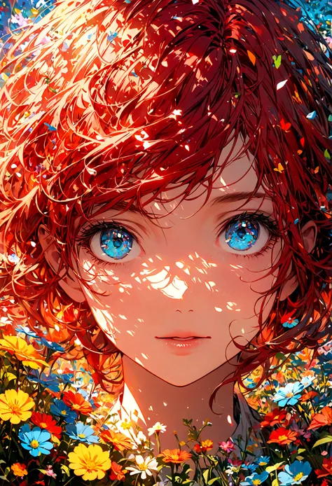 A red-haired, blue-eyed woman faces a field of flowers during the day.