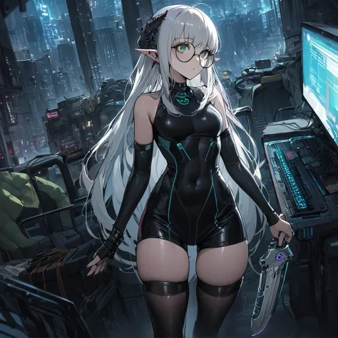 ((best quality)), ((masterpiece)), (detailed), 1girl, anime girl, city background, white hair, elf, thin horns, blue, punk, tech...