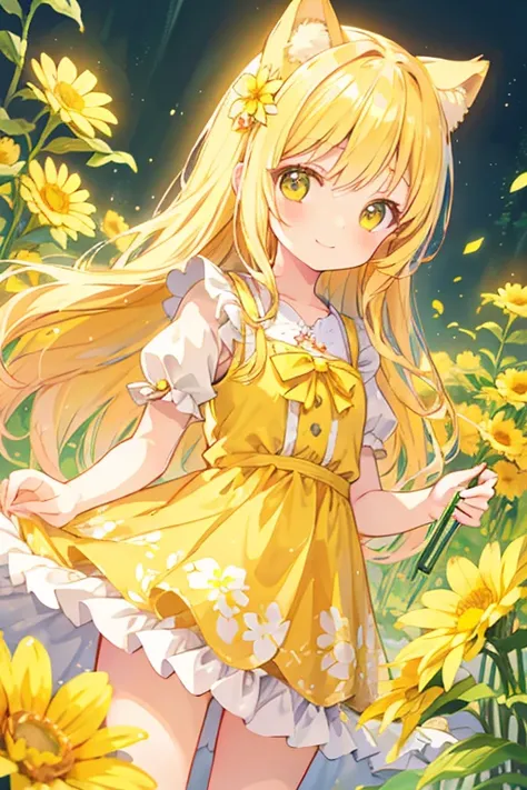 anime, Watercolor, cute女の子, sweet, cute, Honey Blonde Hair, Hime cut, Long Hair, Long eyelashes, smile, Yellow Flower, has a single Yellow Flower, Poured Light, dress, Front view, Dutch Angle Shot