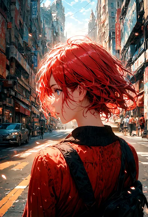 A red-haired, blue-eyed woman turned her back to face the middle of the city during the day.