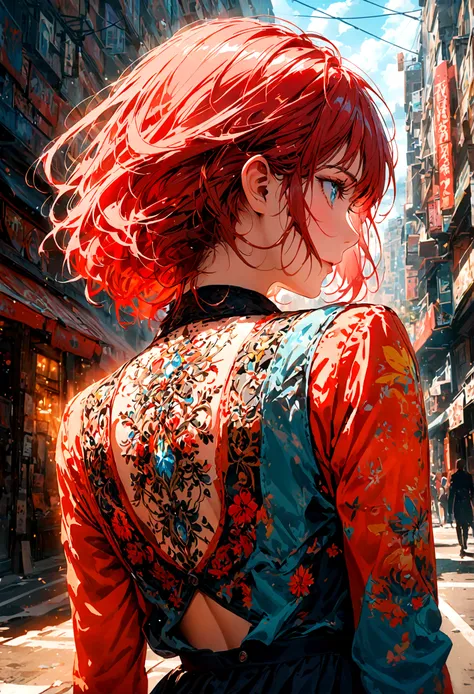 A red-haired, blue-eyed woman turned her back to face the middle of the city during the day.