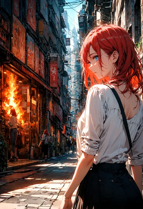 A woman with long red hair and blue eyes wears casual clothes with her back facing the middle of the city during the day.