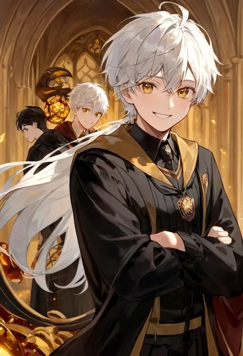 ravenclaw uniform, ravenclaw emblem, black robe. beautiful face boy. very smart. white hair. amber yellow eyes. hogwarts. cheerf...