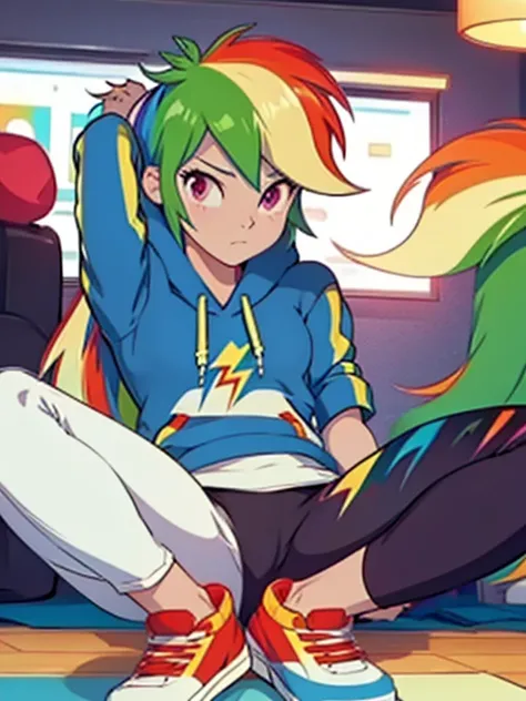 best quality, high quality, a cute girl, solo, rainbow dash, hoodie, yoga pants, legs spreading, legs spread