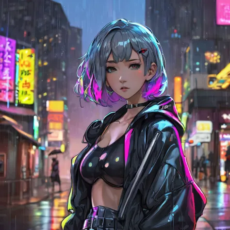 portrait, 1 girl, beautiful face, asymmetrical hair, multi-colored hair, belt, bodysuit, covered mouth, covered navel, detached sleeves, grey eyes, hip vent, open jacket, cute, look at viewer, night city, neon, rainy,