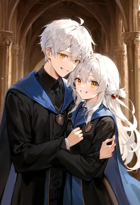 ravenclaw uniform, ravenclaw emblem, black robe. beautiful face boy. very smart. white hair. amber yellow eyes. hogwarts. cheerf...