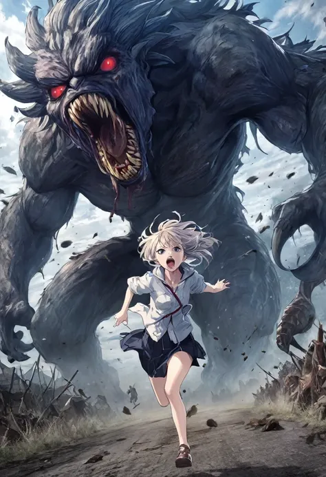 (masterpiece), (highest quality),anime style (1 girl), beautiful woman attacked by monster, , battlefield background, messy hair...