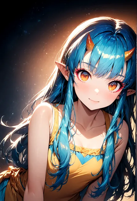 (1 girl,lum, long hair, bangs, blue hair, orange eyes, horns, pointy ears, aqua hair, oni horns, eyeshadow,),the character lum f...