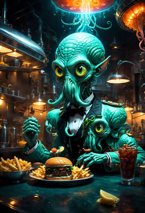 Squidward Quincy Tentacles, Cthulhu style Burger Shop, wear Waiter uniform, dramatic composition, cinematic dynamic action scene, vibrant colors, cinematic lighting, dramatic lighting, best quality, masterpiece, very aesthetic, perfect composition, intrica...