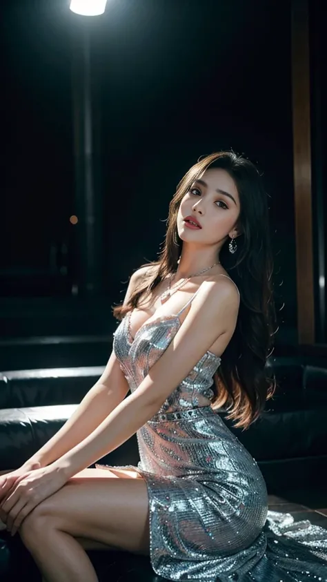 8K, ultra hd, masterpiece, 1 girl, good face, long hair, detailed eyes, glossy lips, medium breast, princess dress, silver dress, strap dress, bare waist:1, lace, necklace, jewellery, in the night club, reflection on dress:1.5, white lighting, sitting,