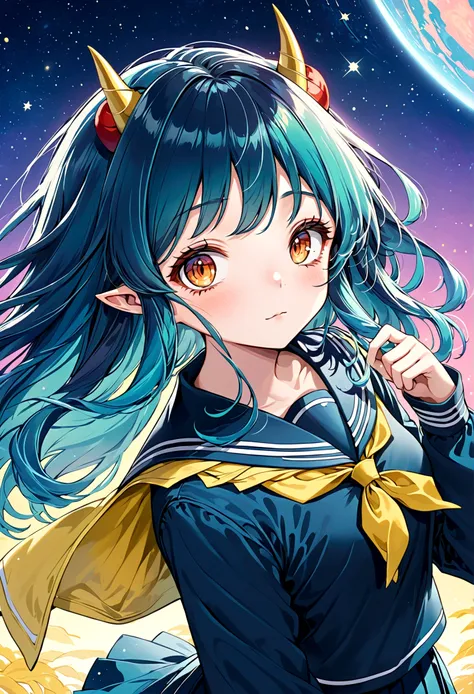 takahashi rumiko style,(1 girl,lum, long hair, bangs, blue hair, orange eyes, horns, pointy ears, aqua hair, oni horns, eyeshado...