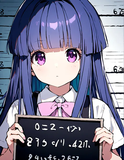 One girl, furude rika, blue hair, purple eyes, blunt bangs, bangs, white shirt, pink bow, suspenders, black skir, Mugshot, Holding a sign, View Viewer, Nameplate、height chart, holding sign,