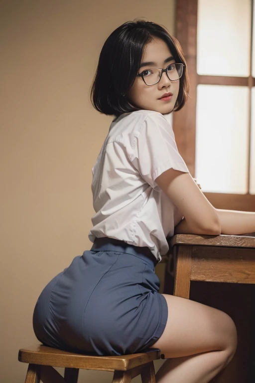 masutepiece, one beautiful teen girl, 16 year old, (Fantasy Library Background), (((skirt))), Glasses, (medium breasts), , , Shorthair, , (Skin Texture:1.1), Best Quality, 超A high resolution, (Photorealistic: 1.4), Raw photo, , nikon d850 film stock photog...