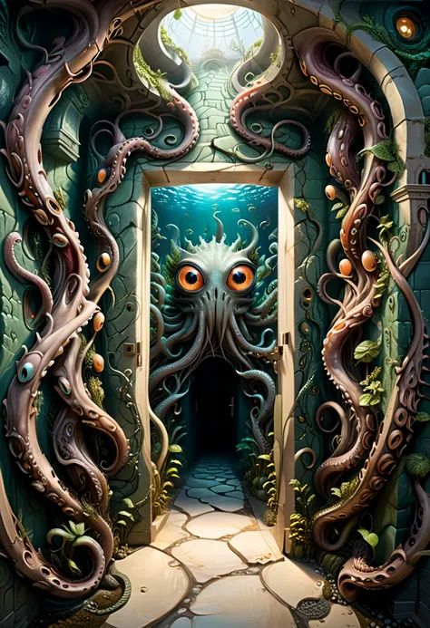 Surrealistic style, a winding corridor with walls constantly changing like living creatures. The walls on both sides are twisted like tentacles. At the end of the corridor is a tightly closed door with a pair of huge eyes and tentacles, gazing at every exp...