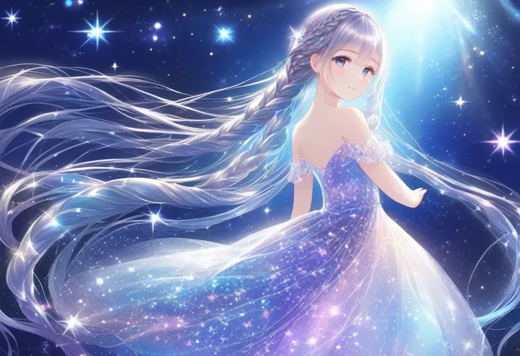 (masterpiece, best quality: 1.2), high resolution, high quality,cute 1girl, shiny luminous hair, very long hair, braids, transparent dress covered in glitter, stars
