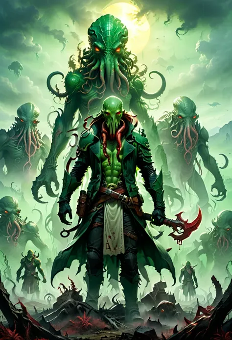 Survivors after the end of the day, on a wasteland, the sky appears eerie green, with the sun shining like blood. Survivors hold weapons and look around warily. The outline of giant Cthulhu creatures can be seen vaguely in the background fog, (masterpiece,...