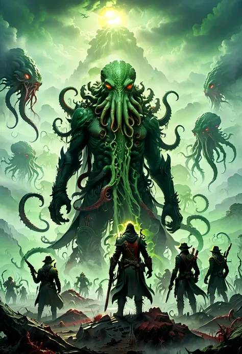 Survivors after the end of the day, on a wasteland, the sky appears eerie green, with the sun shining like blood. Survivors hold weapons and look around warily. The outline of giant Cthulhu creatures can be seen vaguely in the background fog, (masterpiece,...