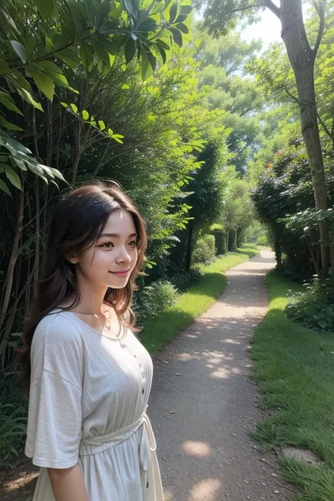 A woman standing in a natural setting like a park or trail, looking at the horizon with a relieved smile on her face. A gentle breeze moves her hair and clothes, suggesting a sense of freedom. The background includes a winding path symbolizing the revisite...