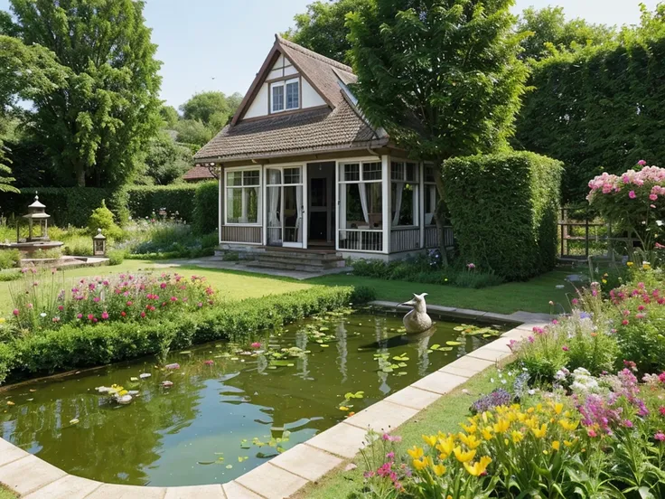 Daschhund in garden of single story house, Beautiful garden, birds and butterflies, pond with fish, 