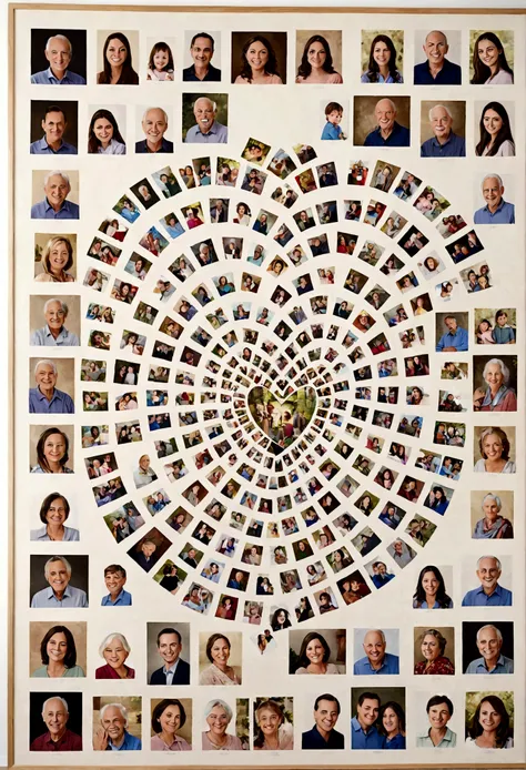 --ar A large heart painted on a pristine white wall, a smooth wall, composed entirely of high resolution photographs of family members, rendered in Ultra HD hyper resolution. The heart is intricately formed by a series of carefully arranged images, creatin...