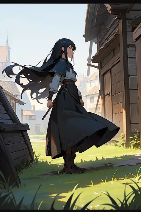 1girl, black hair, black eyes, long hair, determined expression, adventurer, full body, walking, side view, medieval setting, small village, wooden buildings, grass, dirt, good proportions