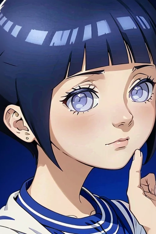 Rico em detalhes, rosto detalhado, bochechas fofas lindo olhos fofos, Hinata , escuro cabelo azul claro olho roxo
