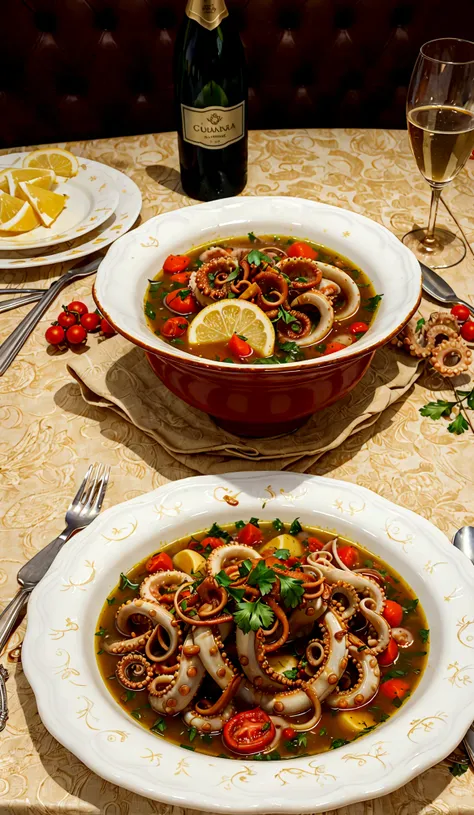 a plate of very tasty-looking soup with large tentacles of octopus seasoned with stewed tomatoes, chunks of cheese and lemon. a ...