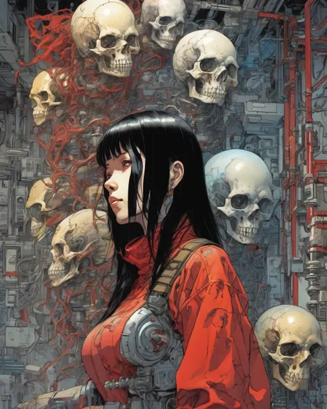 1 female demonic  cyborg , tubes connected to the wall
beautiful 
long black hair
praying
mechanical limbs
red turtle neck tight...