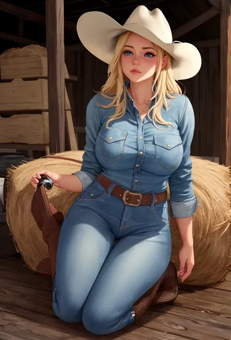 the blonde, blue-eyed beautiful cowgirl wears a cowboy hat, and cowboy boots, and nothing else. she kneels on top of the jeans and fringed shirt that cover the hay on the floor of the barn, with horse-riding and rodeo accoutrements in the background, knees...